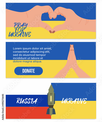 Set of modern hand drawn design web banner template for a temporary conflict between Russia and Ukraine. Stop war, stay peace. Vector illustration
