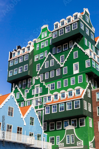 Little green houses forming a new building in Zaandam, Netherlands photo