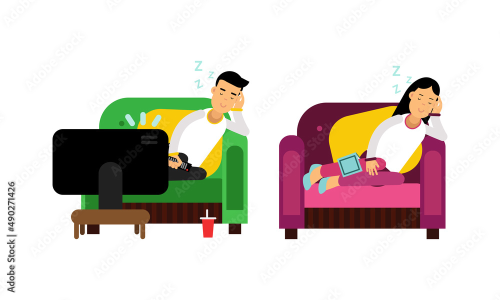 Sleeping people set. Man and woman napping while sitting in armchair cartoon vector illustration