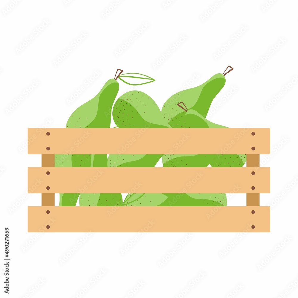 Pears in a wooden box. Sale of organic vegetables grown on the farm. Vector illustration on the theme of the harvest, festivals and fairs. Pears in a wooden box. Sale of organic vegetables grown on the farm. Vector illustration on the theme of the harvest, festivals and fairs.