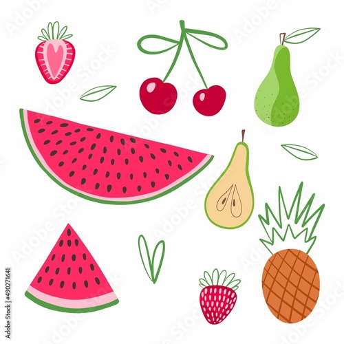 Fruits and berries hand drawn illustrations set. Exotic delicacy slices. Vegetarian food vector drawings pack. Natural dessert isolated cliparts. Juicy dessert, vitamin diet, organic meal