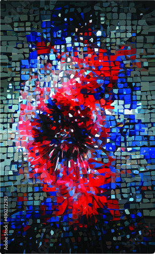 Abstract mosaic, red-blue explosion on a black background. Scattering cubes, particles. creative background for album, illustration, book. photo