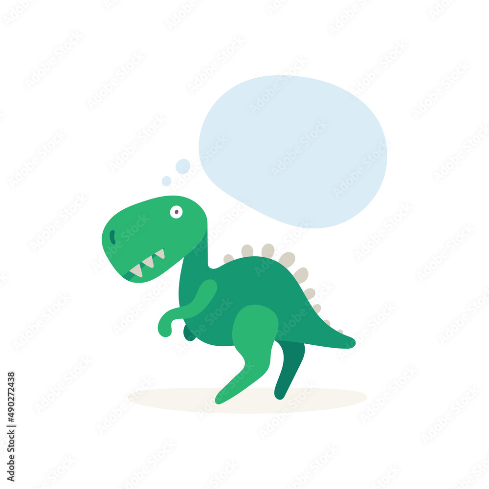 Fototapeta premium Thinking cute dinosaur with speech bubble. Dinosaur cartoon character illustration. Part of set.