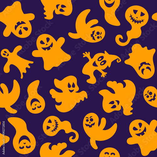 Seamless pattern of cute little cartoon ghosts on lilac background. Seamless vector pattern for Halloween design