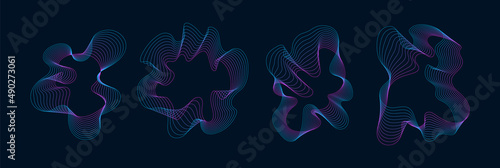 A set of wavy transition lines from blue to pink. Isolated frames or twisted holes. Vector illustration of graphic trendy elements.