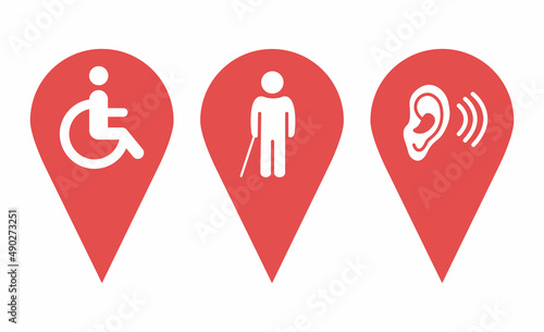 Location pin icons. Map pin place marker. Location icon. Map marker pointer icon set. GPS location symbol collection. Location icons indicating handicapped parking, people with disabilities