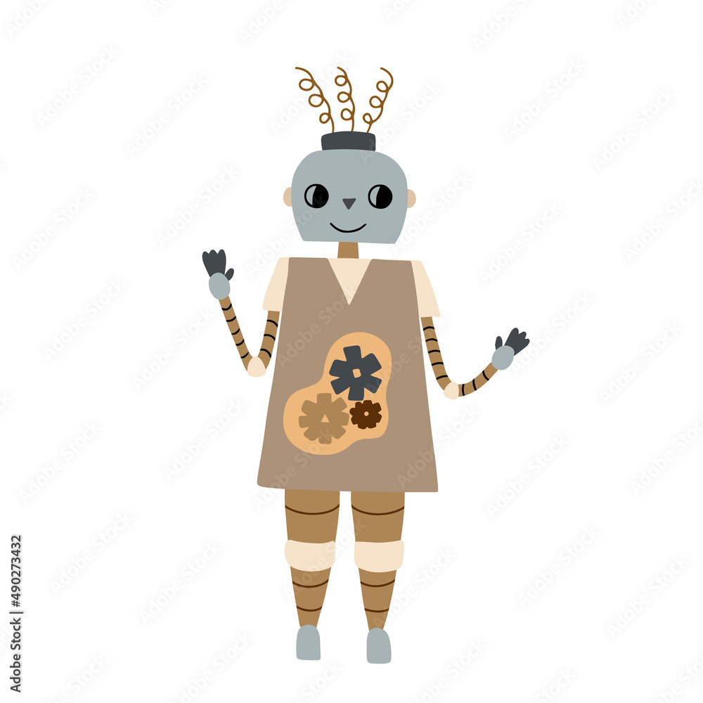 Cute happy funny cartoon baby robot character waving hand says hello. flat vector illustration isolated on white background.