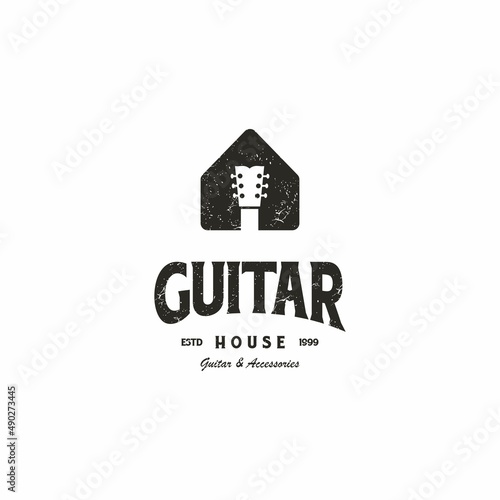guitar house logo design retro vintage. guitar shop logo with grunge texture antique old style

