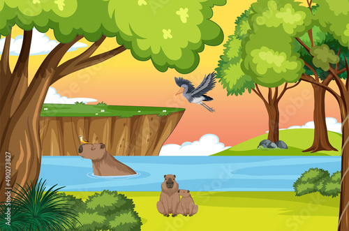 Scene with wombats and bird by the lake