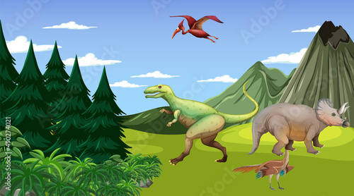 Scene with dinosaurs in forest