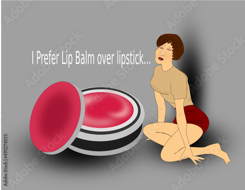 Lip Balm vector Image, lip Balm and woman poster advertisement,Woman and lip Balm Illustration,Lip Balm and woman Vector art.,stylish woman prefer lip Balm over lipstick- poster advertisement.