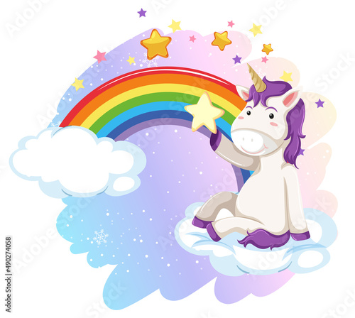 Cute unicorn sitting on a cloud with rainbow