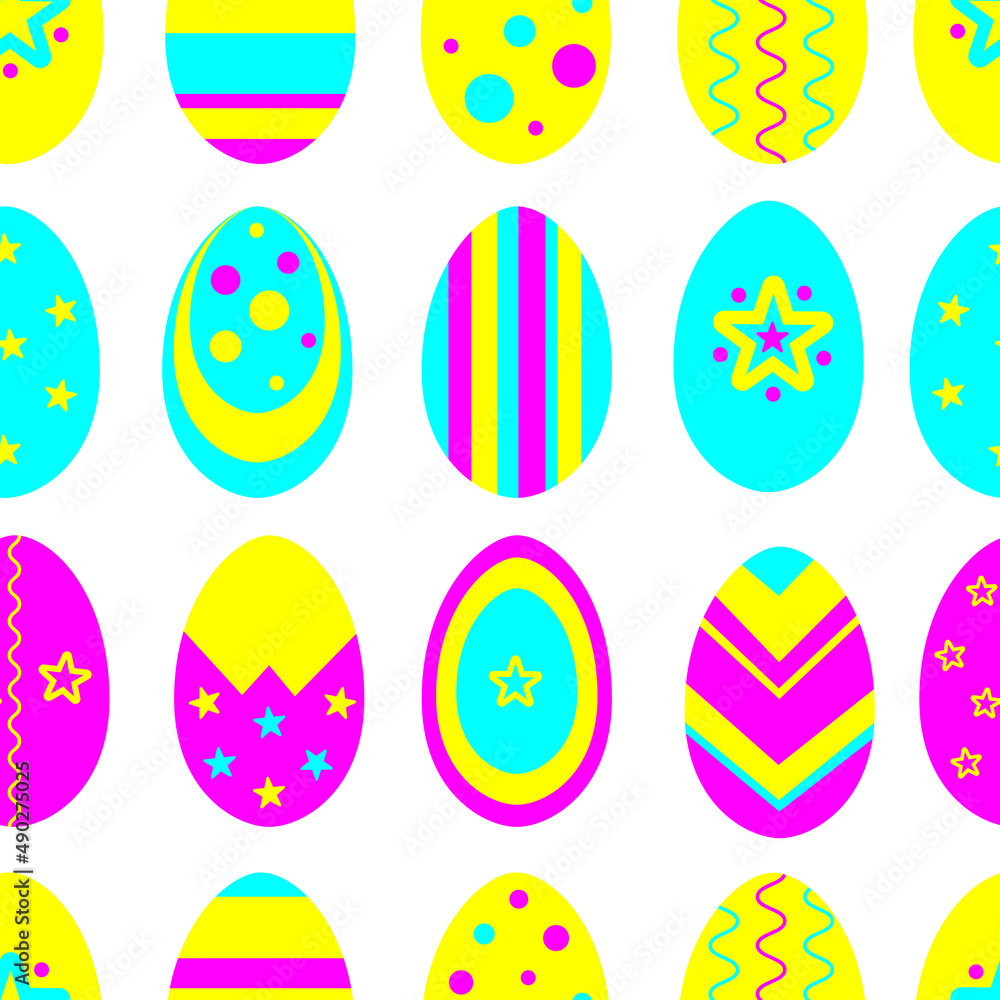 Vector seamless pattern: multicolor easter eggs in pink, blue, yellow colors. Joyful cartoon design for holiday textile, wrapping paper, wallpaper. 