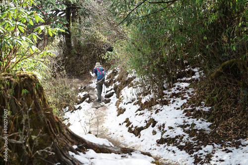 Tourist trekking along natural landscape of snowcapped mountain range- Nepal