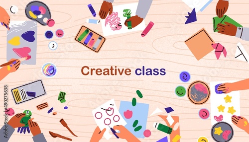 Childrens hands at art and craft class, painting, drawing, making paper origami at desk, top view. Creative kids lesson background with brushes, pencils, paints. Colored flat vector illustration