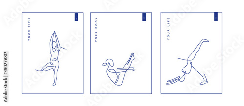 Poster set for yoga class or pilates. One line vector poster. yoga postcard. line art design