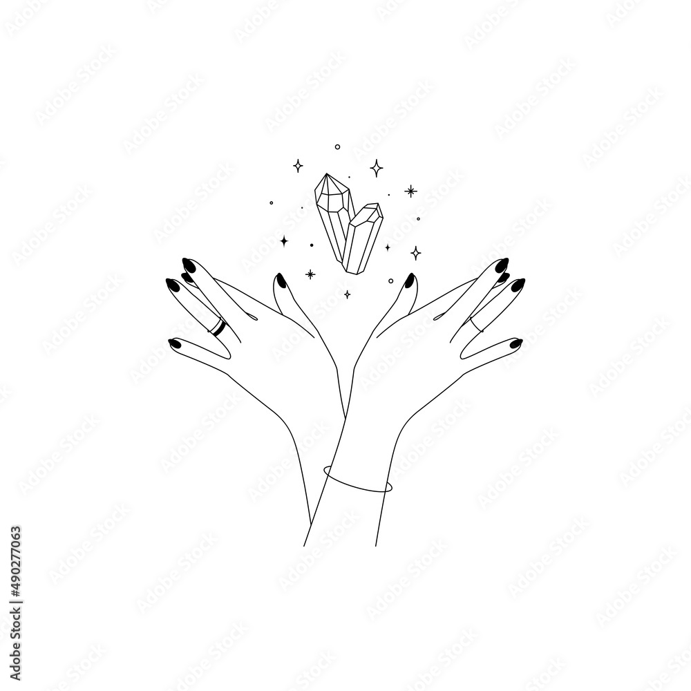 Hand Magic Design Magic hands with healing crystal in trendy linear minimal style. Logo ...