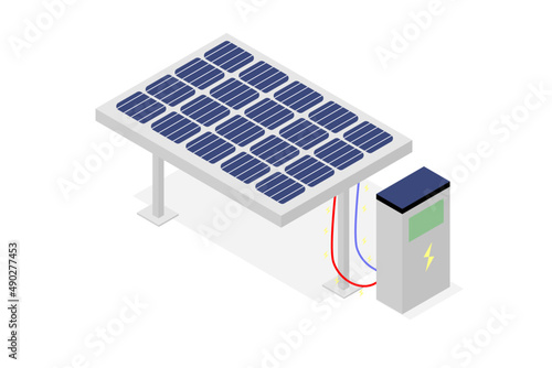 Isometric Solar Panels and power supply box.solar battery panel.green energy concept.EV - vector illustration