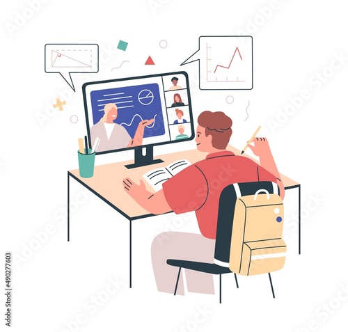 Online school education, elearning concept. Child at lesson at laptop at home. Kid studying at internet class at computer during quarantine. Flat vector illustration isolated on white background
