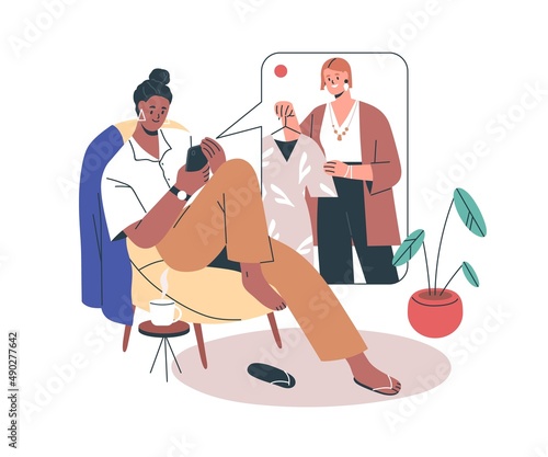 Fashion stylist consulting woman online. Person at personal consultation, choosing clothing, style via internet. Remote apparel advisor. Flat graphic vector illustration isolated on white background