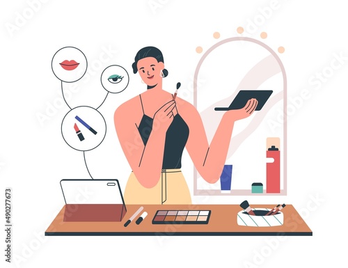 Woman watching online makeup tutorial. Person learning at beauty course via internet. Happy female with cosmetic at remote make-up class. Flat vector illustration isolated on white background