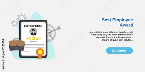 3D cartoon style illustration. Best employee award concept. Worker profile on a frame with 5 star rank badge