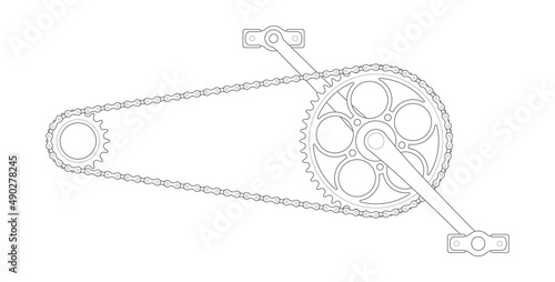 Vector black line vintage bicycle crank with chain. Fixed gear. Single Speed. Isolated on white background. photo
