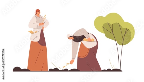 Medieval peasants working at farm. Women farmers collecting harvest, spikelets. Ancient agriculture. Historic workers village life. Flat vector illustration isolated on white background