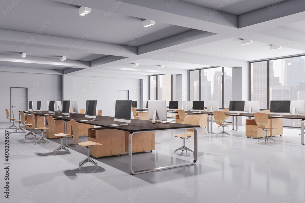 Clean concrete and wooden coworking office interior with equipment, furniture and computer monitors. Design and workplace concept. 3D Rendering.