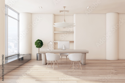 Modern concrete office interior with wooden flooring, designer workplace with laptop and window with city view. 3D Rendering.