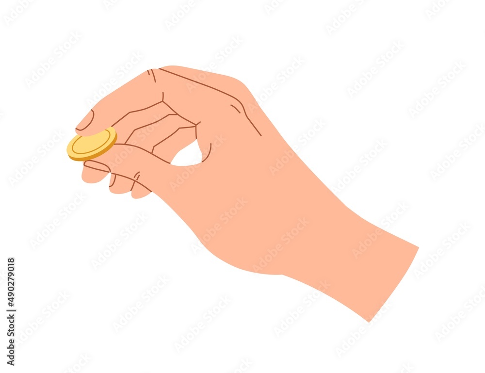 Hand holding coin. Money squeezed in fingers. Cash, dollar change in arm. Gold cent. Finance bonus, cashback, financial donation concept. Flat vector illustration isolated on white background Hand holding coin. Money squeezed in fingers. Cash, dollar change in arm. Gold cent. Finance bonus, cashback, financial donation concept. Flat vector illustration isolated on white background