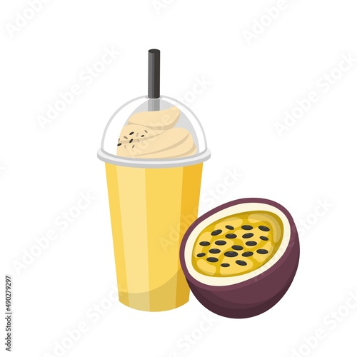 Passion fruit flavored fruit smoothie with cream isolated on white background