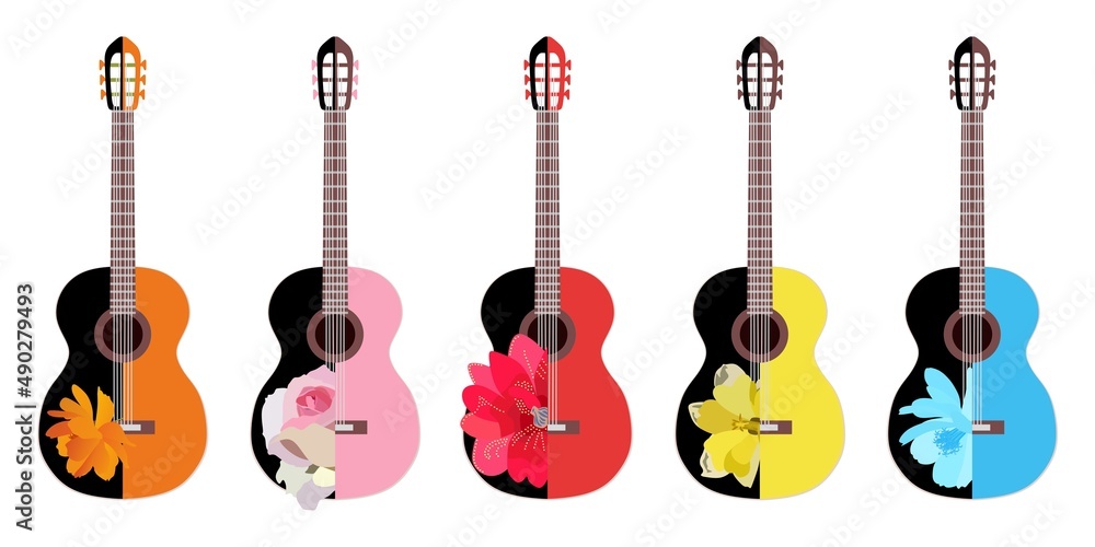 Obraz premium Collection of unusual images of acoustic guitars with large flowers isolated on white background. Musical instruments. Beautiful print. Set of logos.
