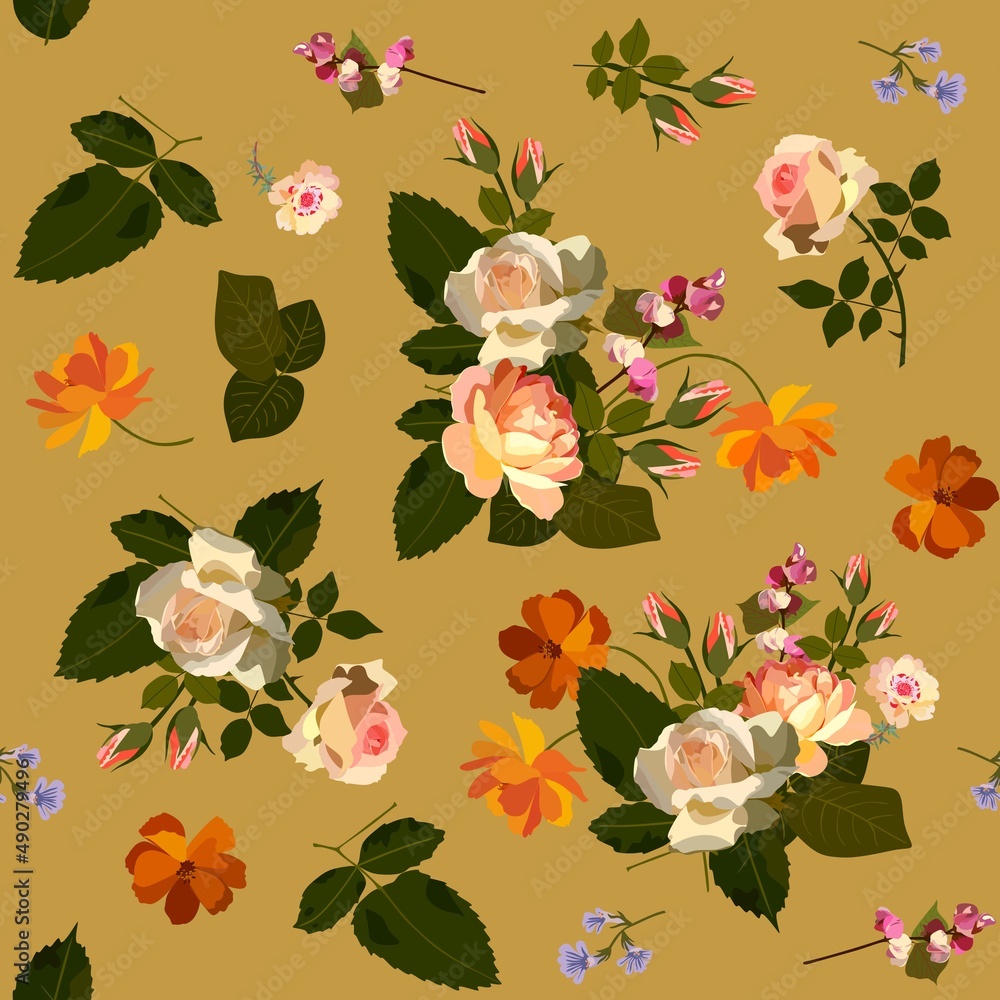 Beautiful natural pattern. Bouquets of roses and cosmos flowers isolated on a golden background. Print for fabric, wallpaper. Vector illustration. Beautiful natural pattern. Bouquets of roses and cosmos flowers isolated on a golden background. Print for fabric, wallpaper. Vector illustration.