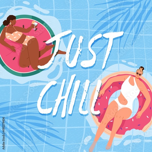 Women relaxing on swimming inflatable rings in pool water on summer holidays....