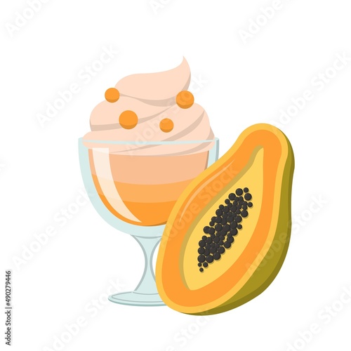 Papaya flavored fruit sundae with glass cup isolated on white background