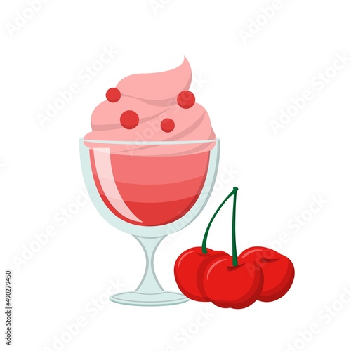 Cherry flavored fruit sundae with glass cup isolated on white background