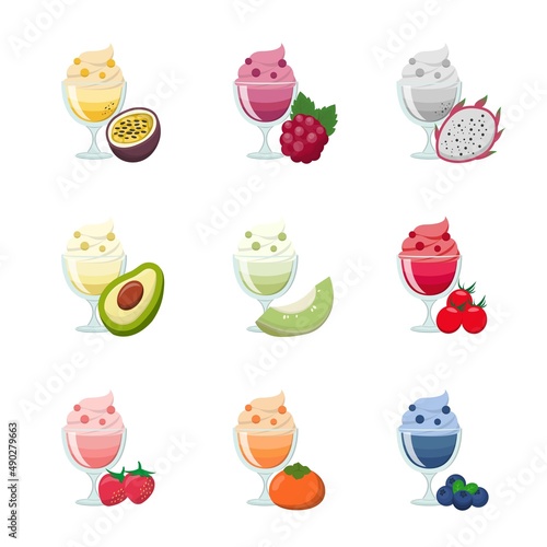 Set of colorful fruit sundaes with ice cream in glasses isolated on white background, sweet and sour delicious dessert or afternoon tea