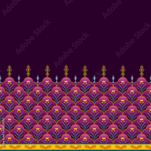 Vintage Floral Pattern purple background  Yellow flowers with orange edges arranged alternately in serrated shapes.