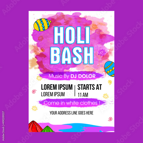 Holi Bash Flyer Design With Balloons And Watercolor Effect On White Background.