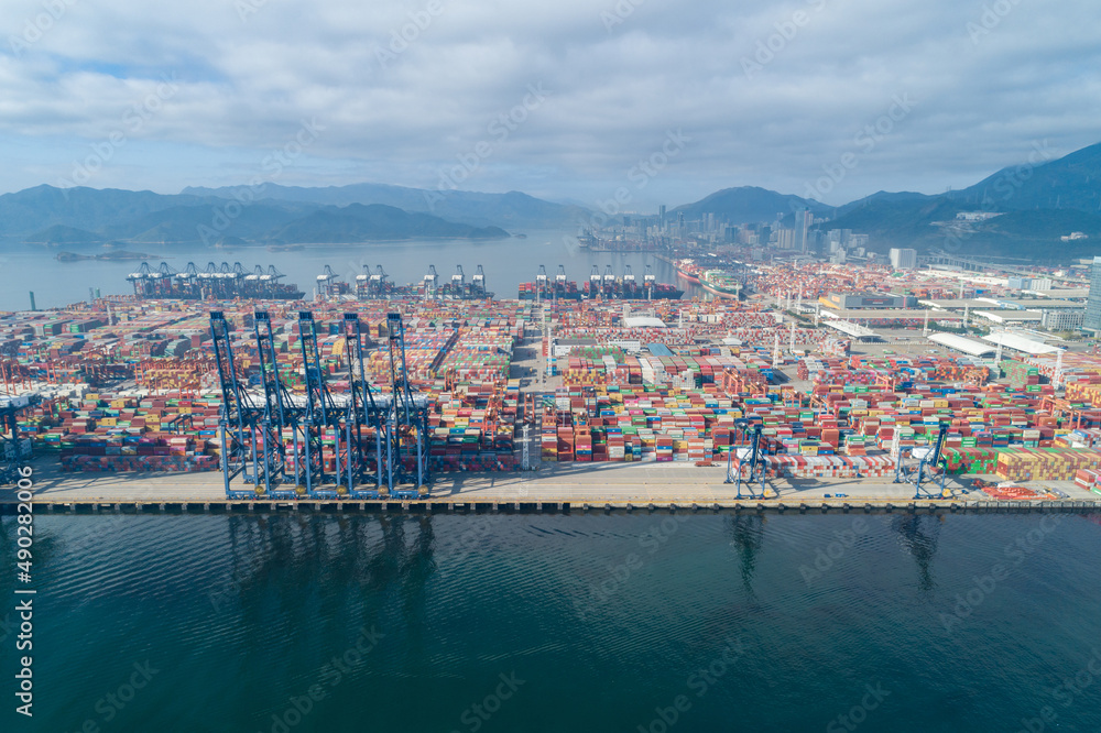 Shenzhen ,China - Circa 2022: Aerial footage of container ship in Yantian port in shenzhen city, China