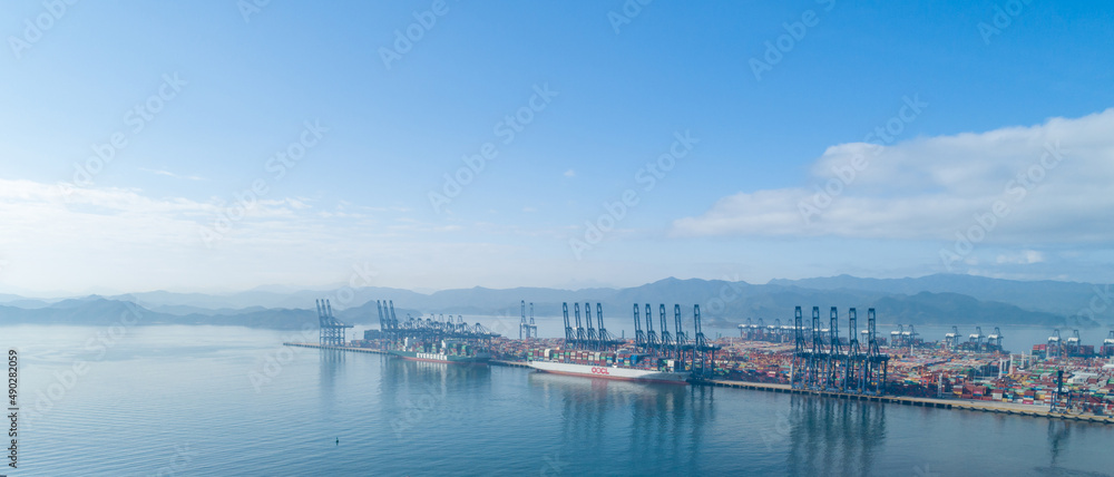 Shenzhen ,China - Circa 2022: Aerial footage of container ship in Yantian port in shenzhen city, China