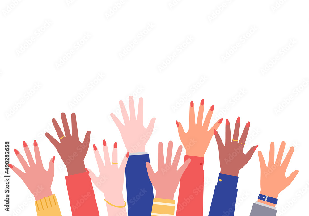 挙手する人々のベクターイラスト(協力,団結,賛成,助ける,交流,合意,大勢,人,人間,仲間,会議,手をあげる)