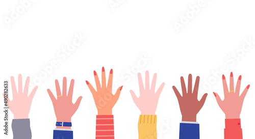 挙手する人々のベクターイラスト(協力,団結,賛成,助ける,交流,合意,大勢,人,人間,仲間,会議,手をあげる) photo