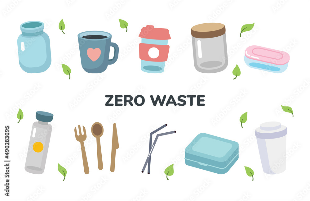 Obraz premium Set of eco friendly tableware items - glass jar, reusable coffee cup, wooden cutlery, lunch box. Zero waste concept. Vector illustration in cartoon style