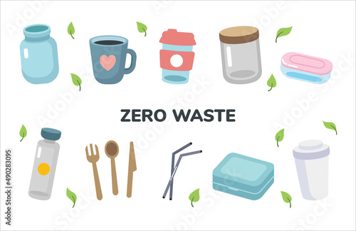 Set of eco friendly tableware items - glass jar, reusable coffee cup, wooden cutlery, lunch box. Zero waste concept. Vector illustration in cartoon style