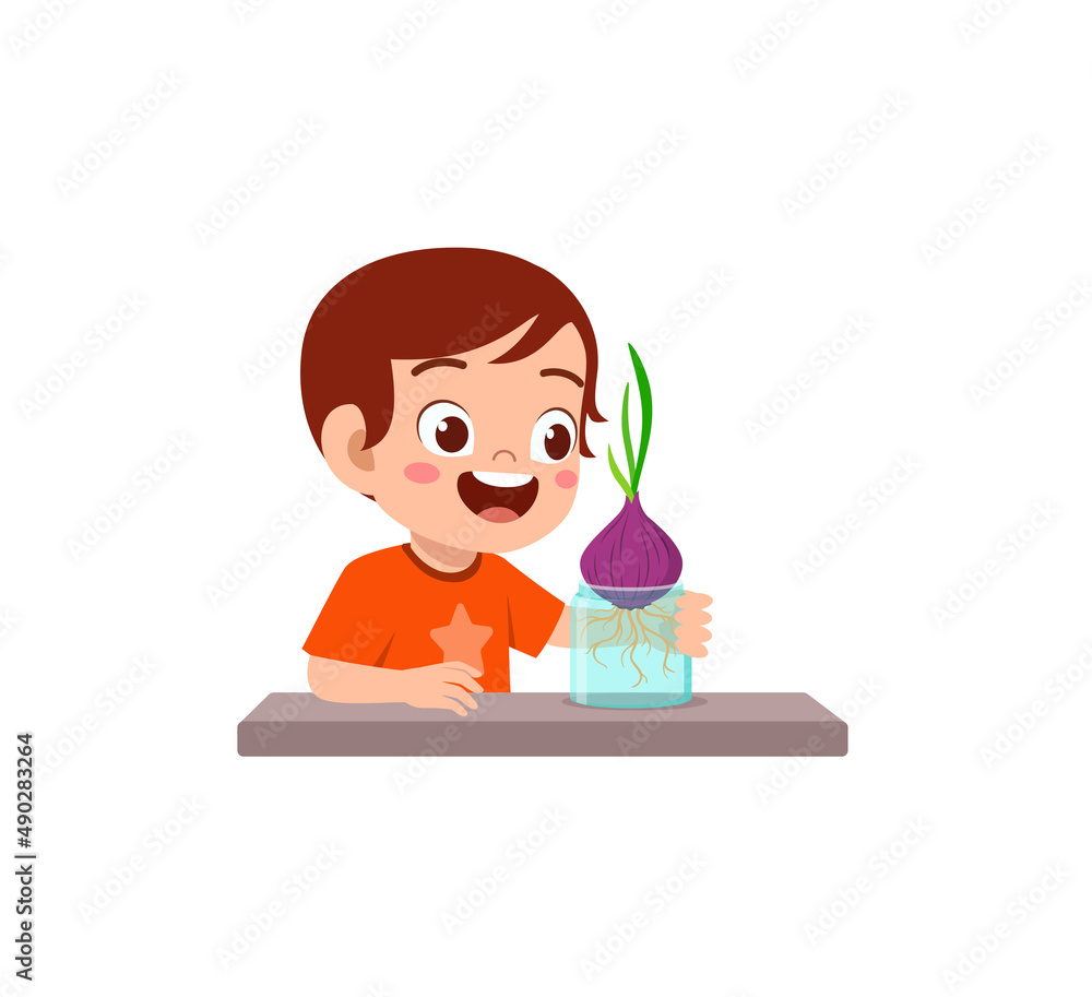 little boy observe plant growing in garden little boy observe plant growing in garden