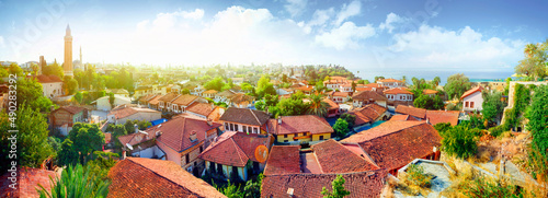 the old kaleichi district in Antalya. roofs of houses panorama. the historical center of Antalya, where there are many small hotels and restaurants, is a favorite place of travelers and tourists photo