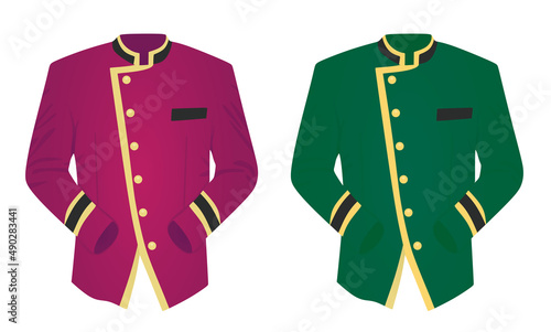 Purple and green hotel receptionist uniform. vector