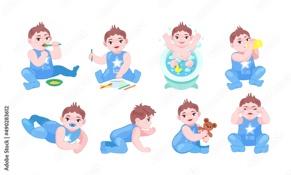 Cute baby boy set. Happy toddler daily activity eating porridge, drawing picture, taking bathroom Cute baby boy set. Happy toddler daily activity eating porridge, drawing picture, taking bathroom
